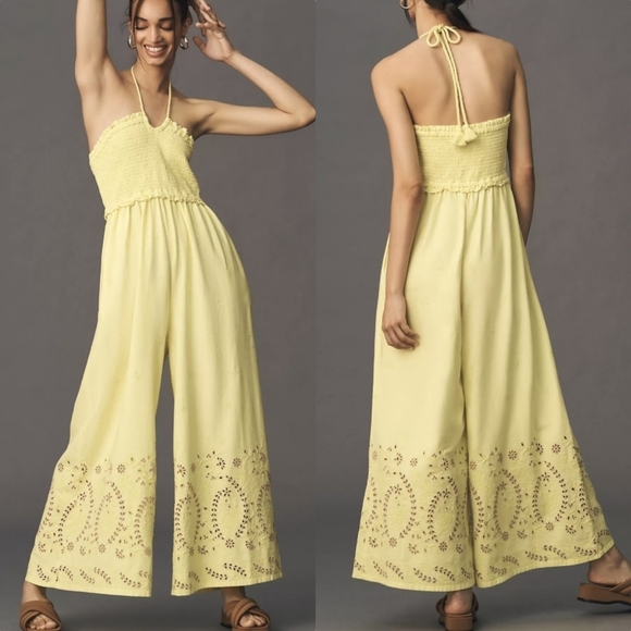Anthropologie Pants - Anthropologie Wide Leg Eyelet Jumpsuit Romper in Chartreuse Size XXL NWT